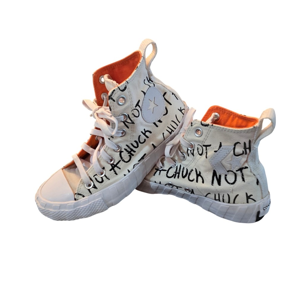 Converse White Graffiti High-Top Sneakers with Orange Lining